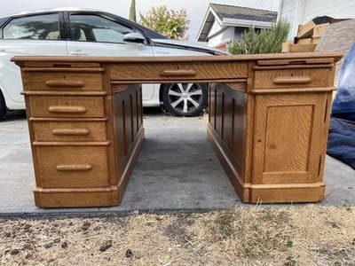 Antique Oak Partners Desk With Glass Top - Thumbnail 2