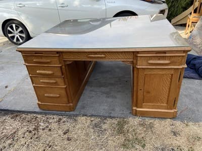 Antique Oak Partners Desk With Glass Top - Thumbnail 20