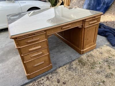 Antique Oak Partners Desk With Glass Top - Thumbnail 23