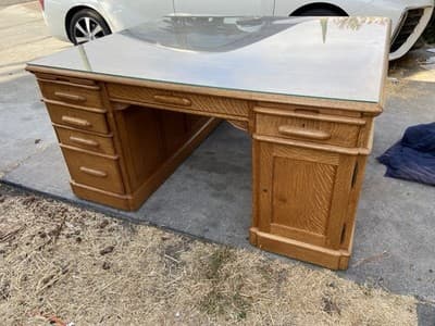 Antique Oak Partners Desk With Glass Top - Thumbnail 24