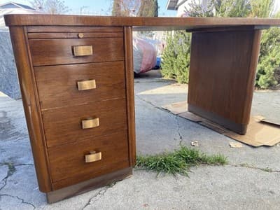Art Deco Stow & Davis Mid Century Modern Walnut Boomerang Fan Executive Desk - Thumbnail 3