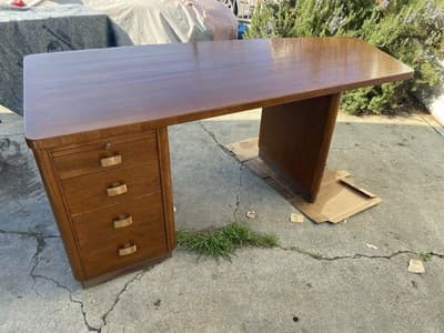 Art Deco Stow & Davis Mid Century Modern Walnut Boomerang Fan Executive Desk - Thumbnail 7