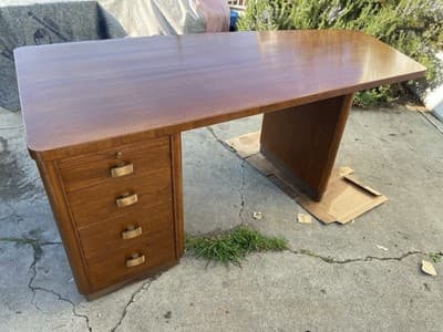 Art Deco Stow & Davis Mid Century Modern Walnut Boomerang Fan Executive Desk - Thumbnail 18