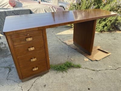 Art Deco Stow & Davis Mid Century Modern Walnut Boomerang Fan Executive Desk - Thumbnail 24