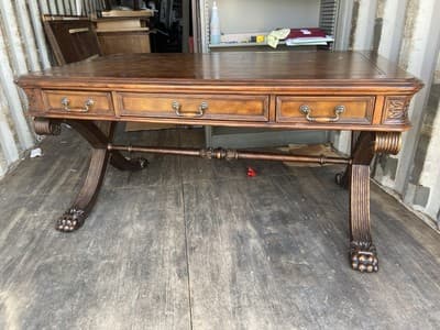 Antique English Partners Desk With Leather Top And Lion Paws , Needs Restoration - Image 1