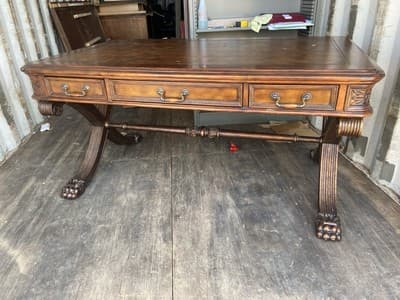 Antique English Partners Desk With Leather Top And Lion Paws , Needs Restoration - Thumbnail 2
