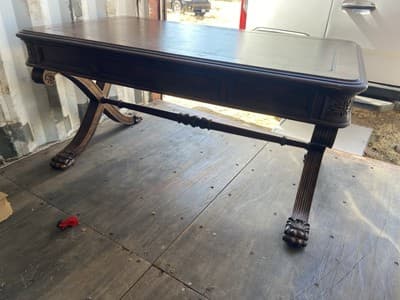Antique English Partners Desk With Leather Top And Lion Paws , Needs Restoration - Thumbnail 10