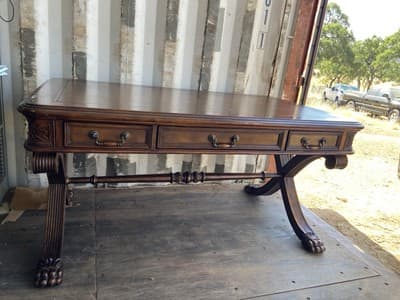 Antique English Partners Desk With Leather Top And Lion Paws , Needs Restoration - Thumbnail 15