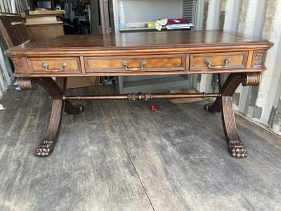 Antique English Partners Desk With Leather Top And Lion Paws , Needs Restoration - Thumbnail 16
