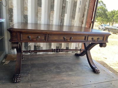 Antique English Partners Desk With Leather Top And Lion Paws , Needs Restoration - Thumbnail 17