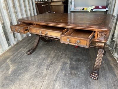 Antique English Partners Desk With Leather Top And Lion Paws , Needs Restoration - Thumbnail 18