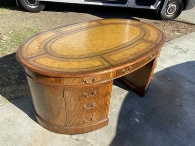vintage Maitland Smith Oval Partners Desk Victorian burl wood style - Thumbnail 3