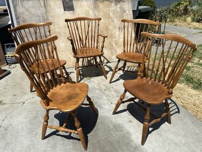 5 Vintage Ethan Allen 10-6020 Fiddleback Duxbury Nutmeg  Dining Chairs Some Wear - Image 1