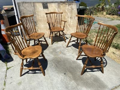 5 Vintage Ethan Allen 10-6020 Fiddleback Duxbury Nutmeg  Dining Chairs Some Wear - Thumbnail 16
