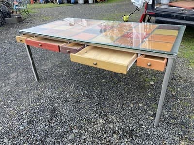 Venezia Furniture Modern Brushed Steel Table Partners Desk With Wooden Squares - Thumbnail 5