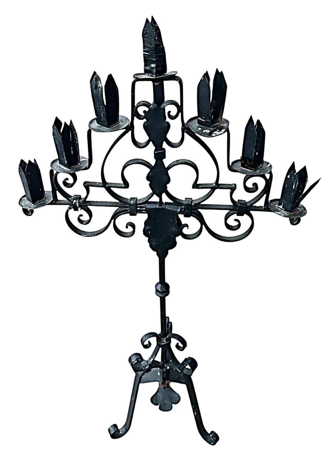 Spanish Vintage Iron 34" Tall Standing Candelabra - A Pair - Thumbnail 3