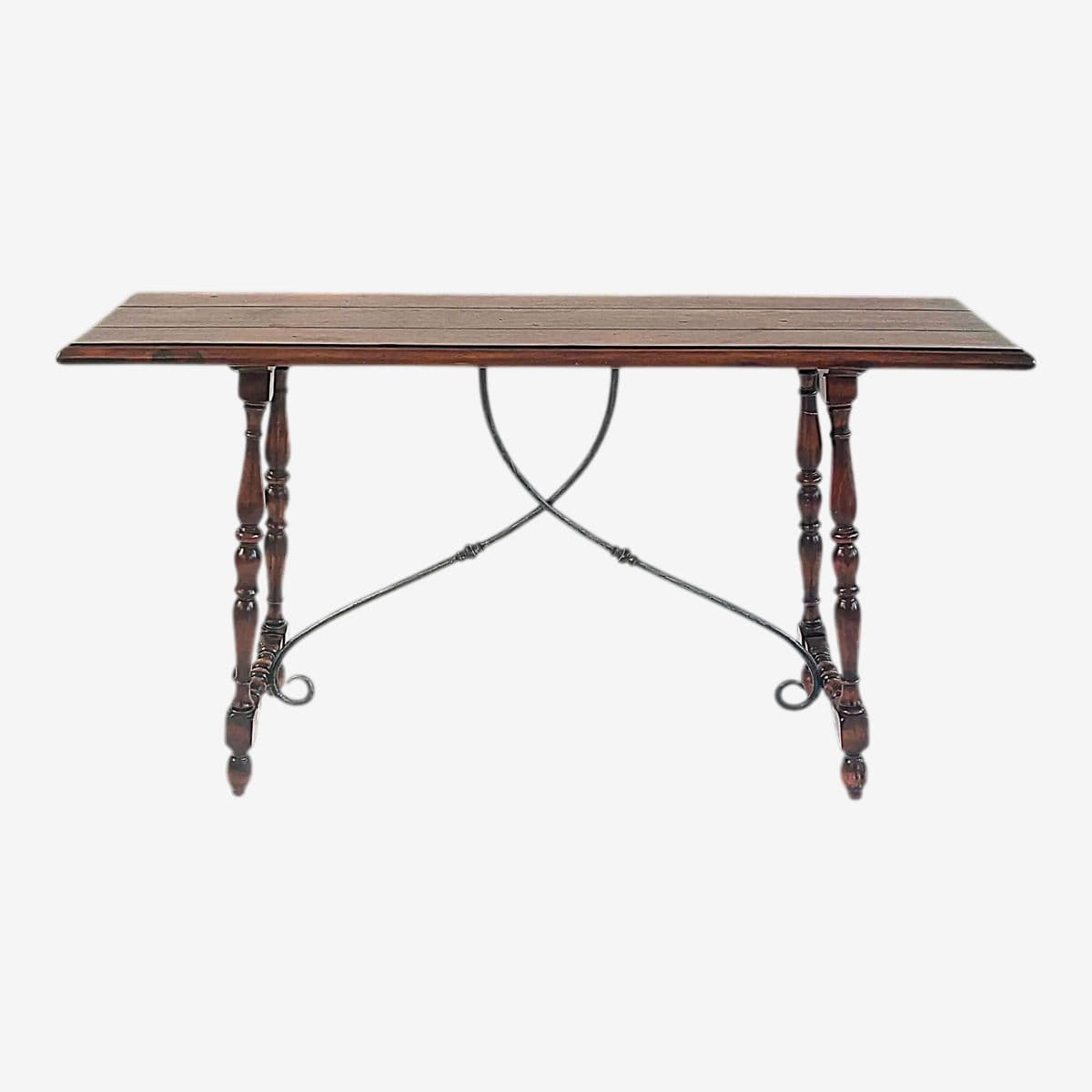 Spanish 60" Console Table With Scrolling Iron Stretcher and Vasiform Legs - Early 20th Century