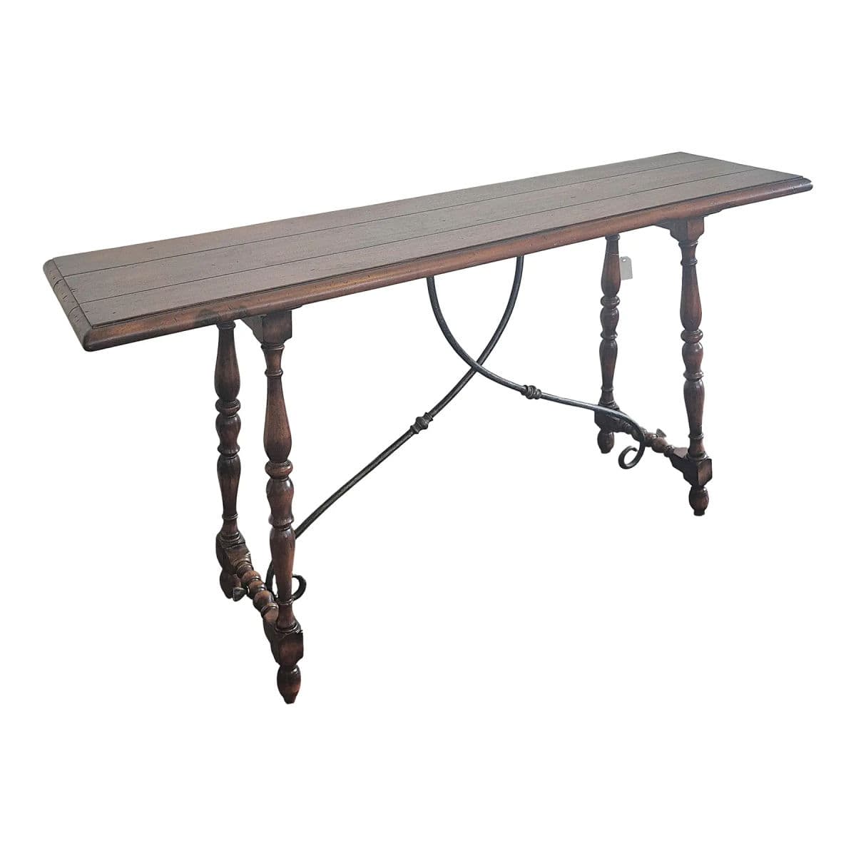Spanish 60" Console Table With Scrolling Iron Stretcher and Vasiform Legs - Early 20th Century - Thumbnail 3