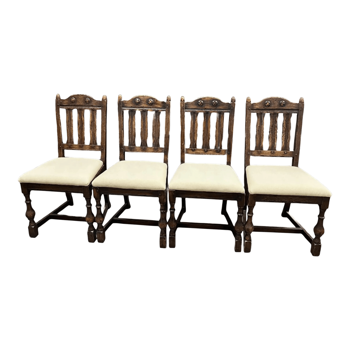 Antique Santa Fe Style Carved Oak Dining Chairs - Set of 4 - Attributed to Jamestown Feudal Oak Collection - Thumbnail 2