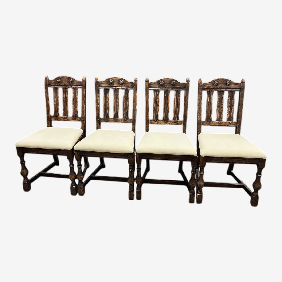 Antique Santa Fe Style Carved Oak Dining Chairs - Set of 4 - Attributed to Jamestown Feudal Oak Collection