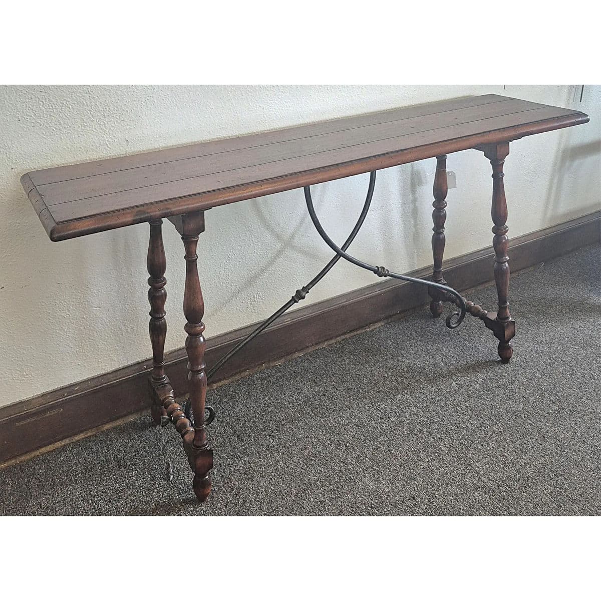 Spanish 60" Console Table With Scrolling Iron Stretcher and Vasiform Legs - Early 20th Century - Thumbnail 6
