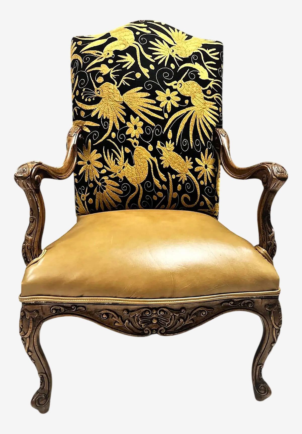 Late 20th Century Empress Carlota' Louis XV Large Fauteuil - Carved Walnut Reupholstered With Otomi Hand Embroidery and Leather