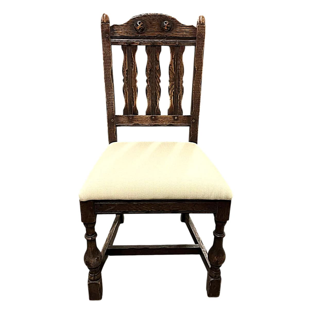Antique Santa Fe Style Carved Oak Dining Chairs - Set of 4 - Attributed to Jamestown Feudal Oak Collection - Thumbnail 7