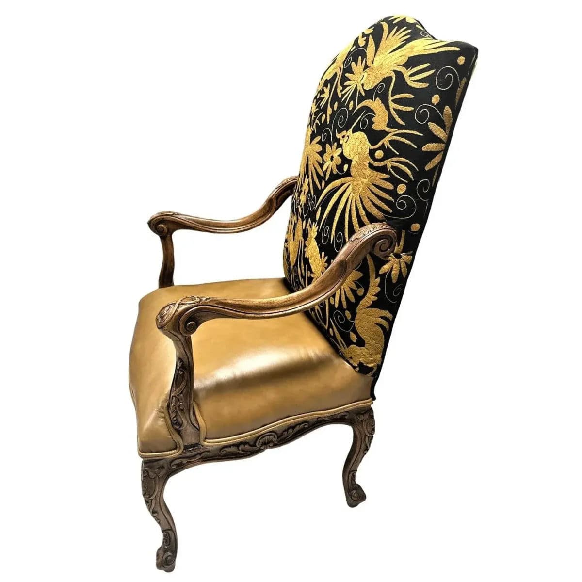 Late 20th Century Empress Carlota' Louis XV Large Fauteuil - Carved Walnut Reupholstered With Otomi Hand Embroidery and Leather - Thumbnail 5