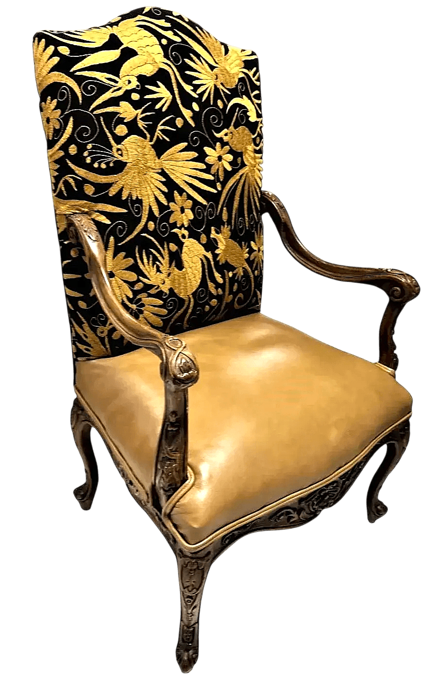 Late 20th Century Empress Carlota' Louis XV Large Fauteuil - Carved Walnut Reupholstered With Otomi Hand Embroidery and Leather - Thumbnail 4