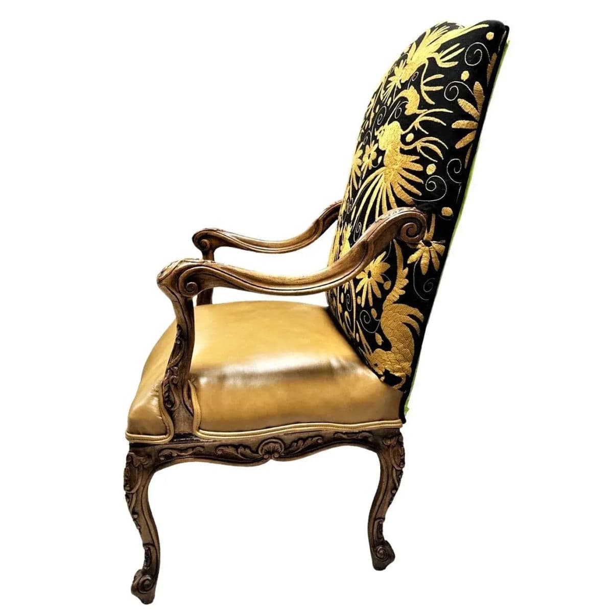 Late 20th Century Empress Carlota' Louis XV Large Fauteuil - Carved Walnut Reupholstered With Otomi Hand Embroidery and Leather - Thumbnail 7