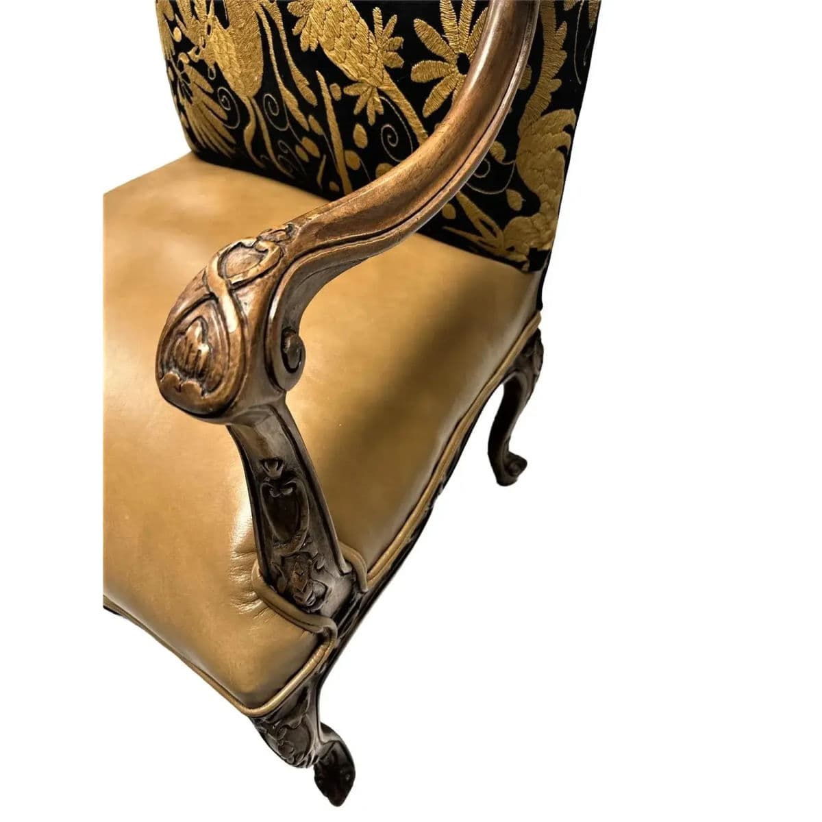 Late 20th Century Empress Carlota' Louis XV Large Fauteuil - Carved Walnut Reupholstered With Otomi Hand Embroidery and Leather - Thumbnail 6