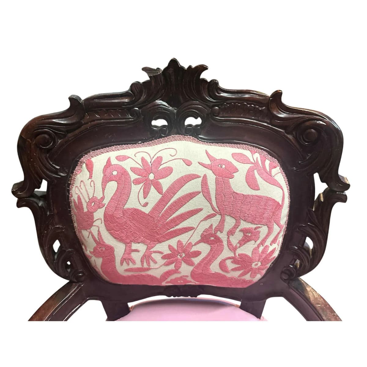 ‘Empress Carlota’ Mahogany Fauteuil - Circa 1860s With New Leather and Otomi Hand Embroidery Upholstery - Thumbnail 3