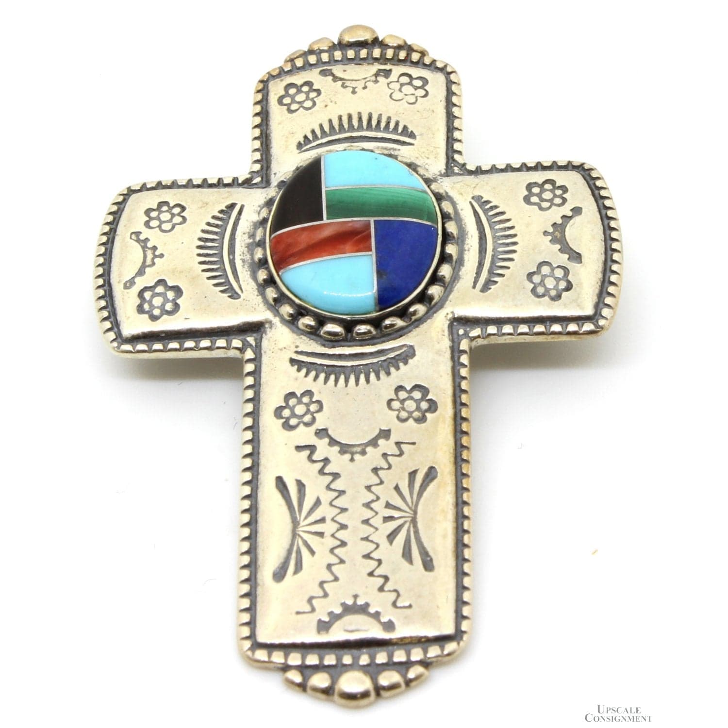 Sterling Silver Mosiac Inlay Gemstone Pendant - Brooch - Image 1