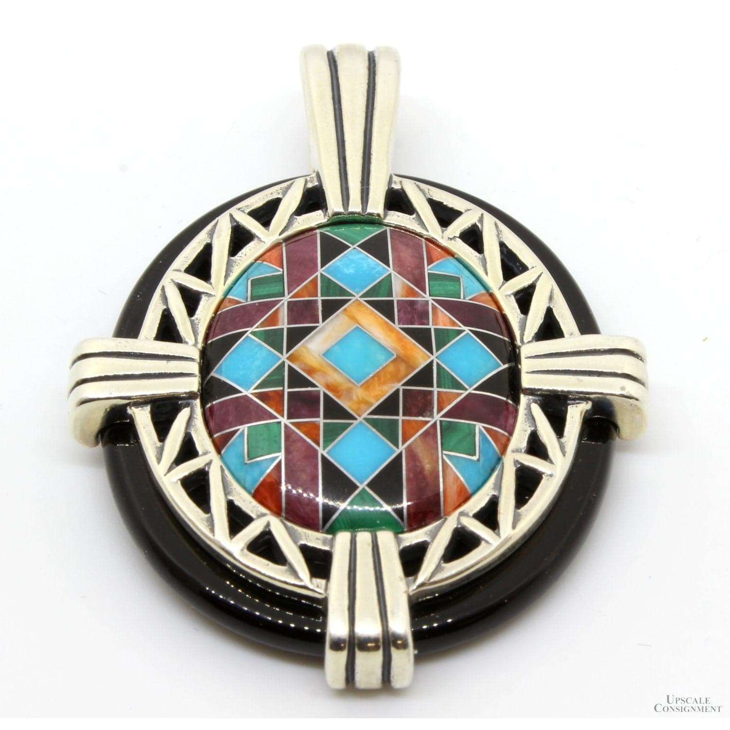 Sterling Silver Multigem Mosaic Inlay Pendant - Enhancer Bail - 2.25" - Image 1