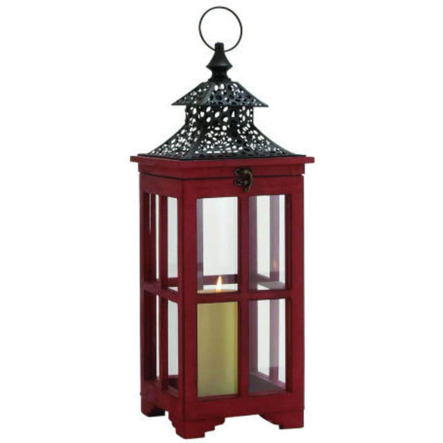 Wood, Metal, & Glass Lantern, Red, 21"(h) - Image 1