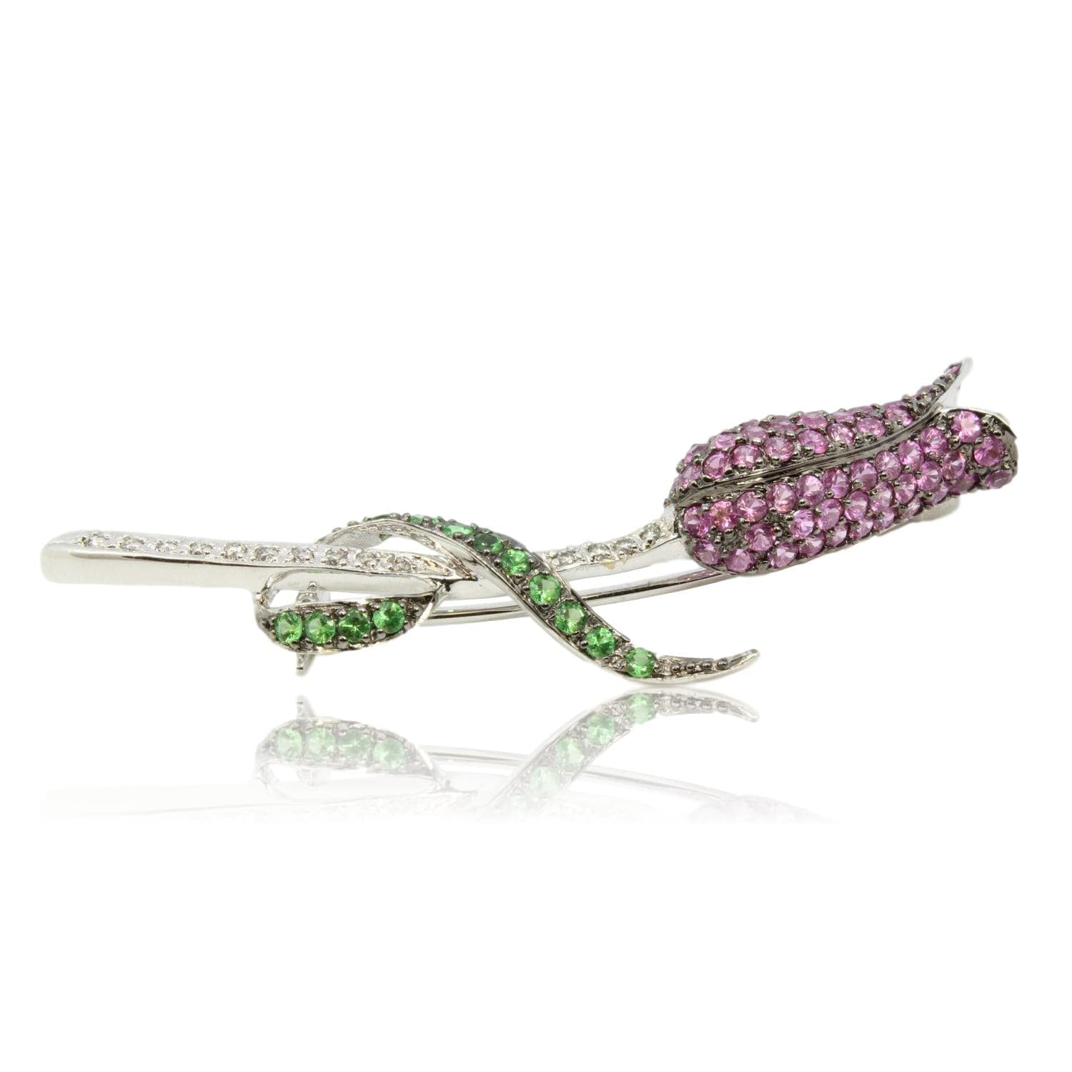 2.5ctw Pink Sapphire Tsavorite Garnet .25ctw Diamond 14K Gold Tulip Brooch - 2.25" x 1" - Image 1