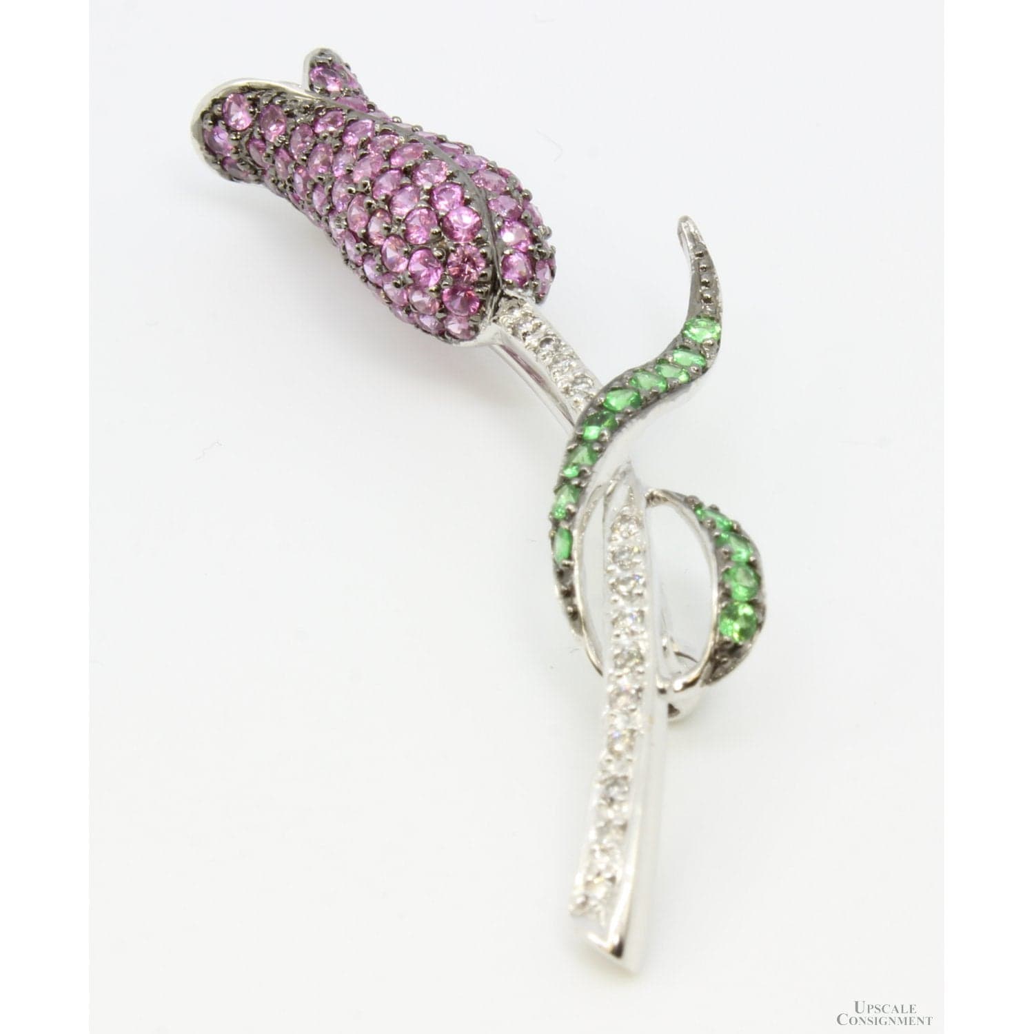2.5ctw Pink Sapphire Tsavorite Garnet .25ctw Diamond 14K Gold Tulip Brooch - 2.25" x 1" - Thumbnail 2