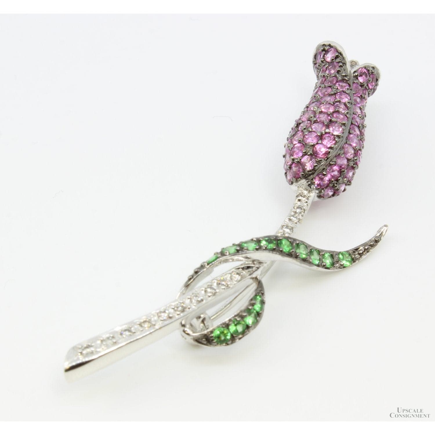 2.5ctw Pink Sapphire Tsavorite Garnet .25ctw Diamond 14K Gold Tulip Brooch - 2.25" x 1" - Thumbnail 3
