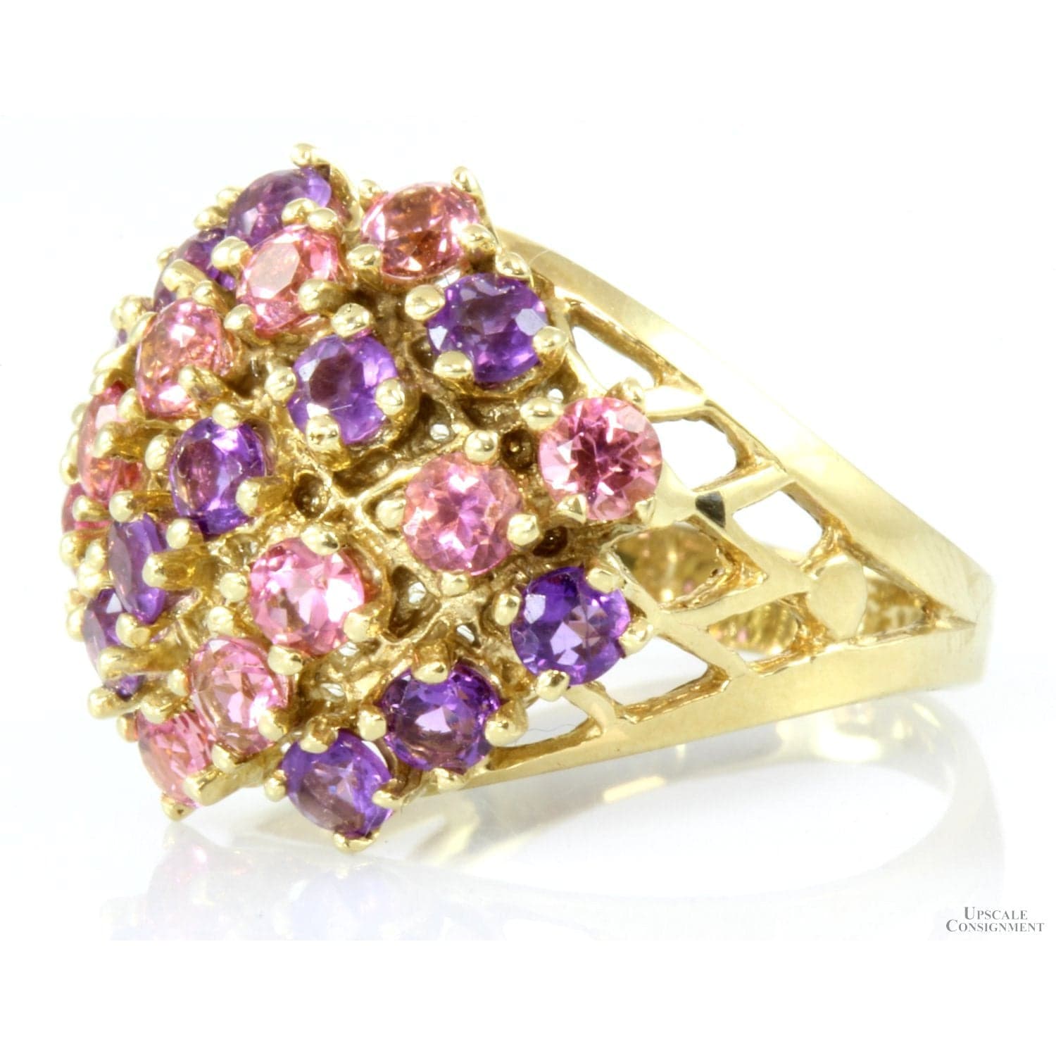 Amethyst, Pink Tourmaline 10K Gold Dome Cluster Ring - Size 7.5 - Image 1