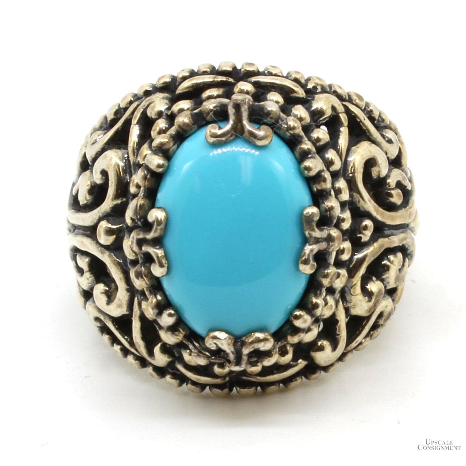 Sterling Silver Open Filigree Design Oval Turquoise Ring - Size 7.75 - Image 1