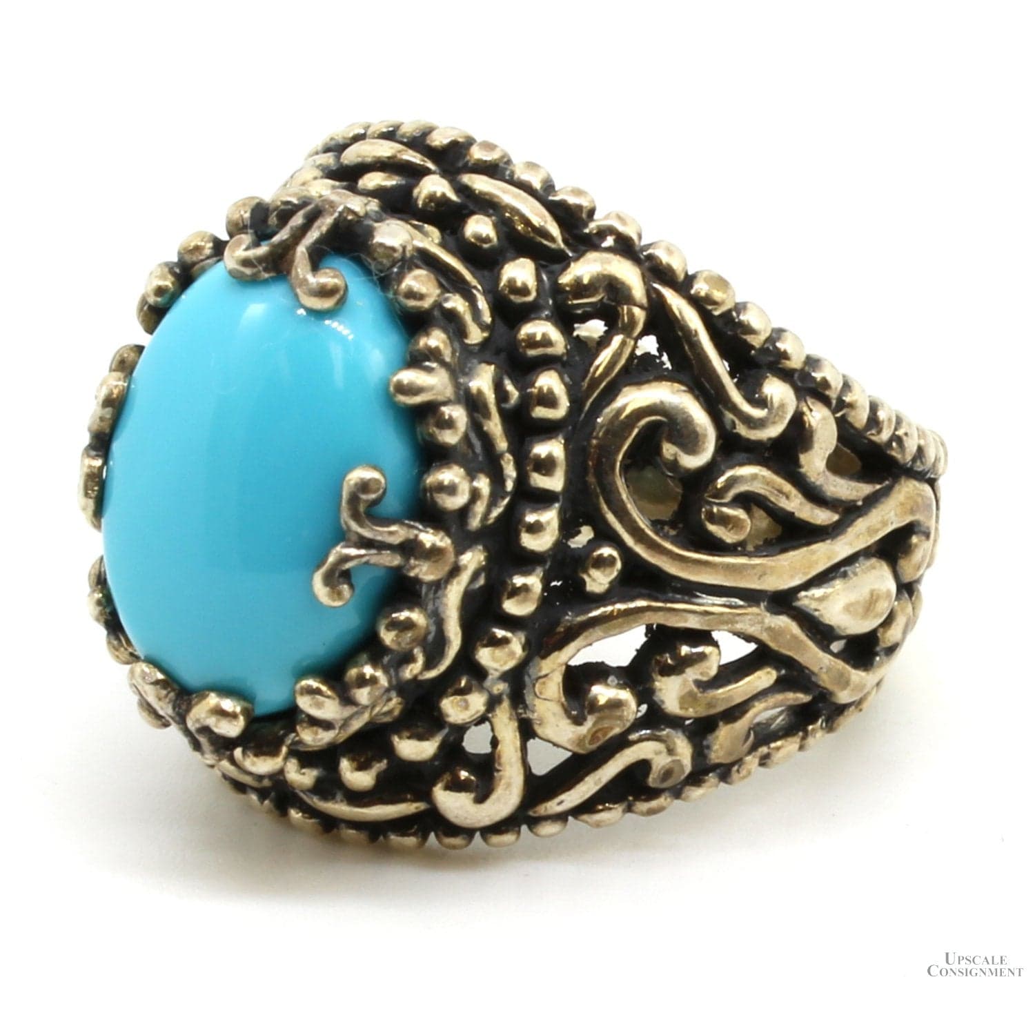 Sterling Silver Open Filigree Design Oval Turquoise Ring - Size 7.75 - Thumbnail 2