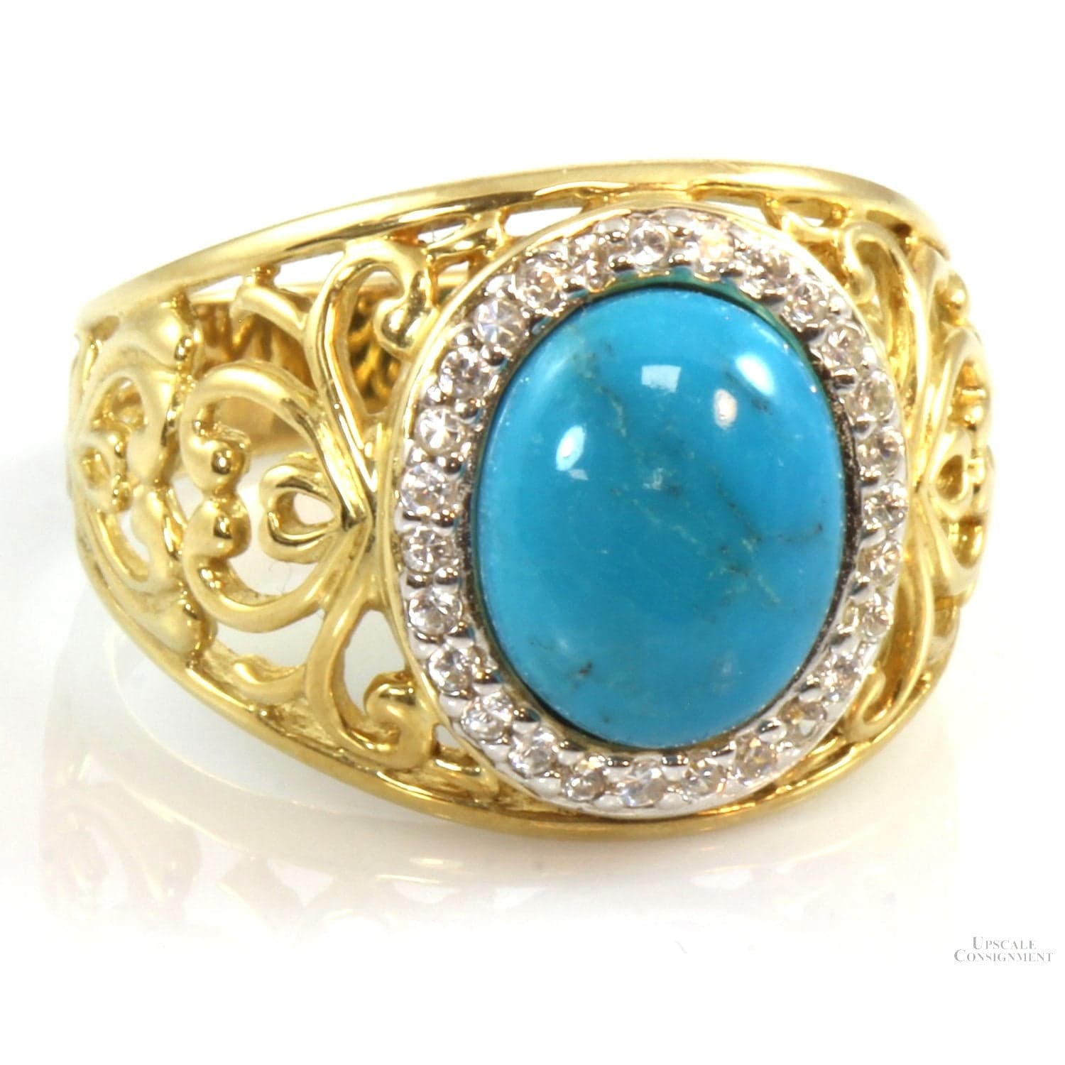 Sterling Silver Gold Vermeil Turquoise CZ Halo Ring - 8.75 - Thumbnail 3