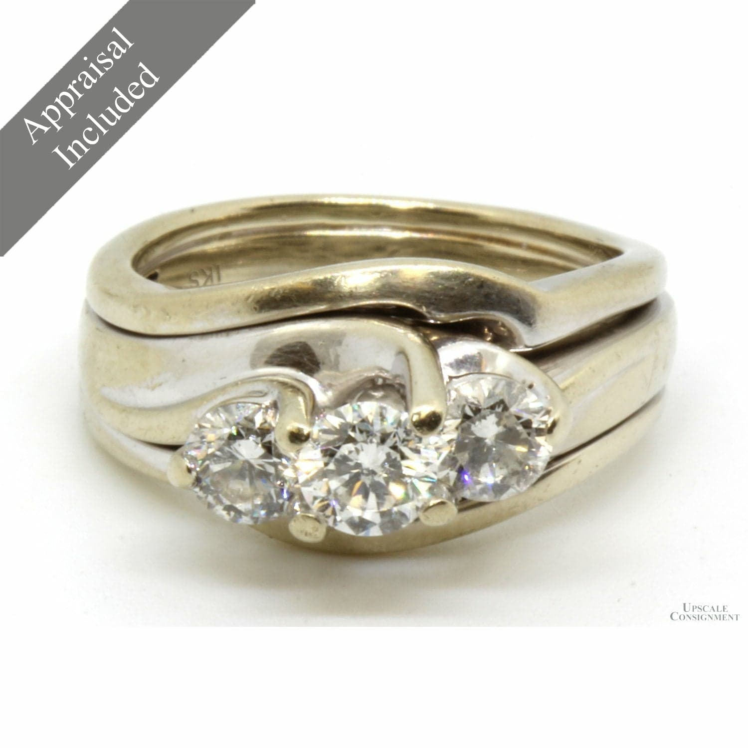Nearly 1 Carat Diamond Wedding Set (.89 ctw) with Contoured Bands in 14K White Gold - Size 5.25 - Image 1
