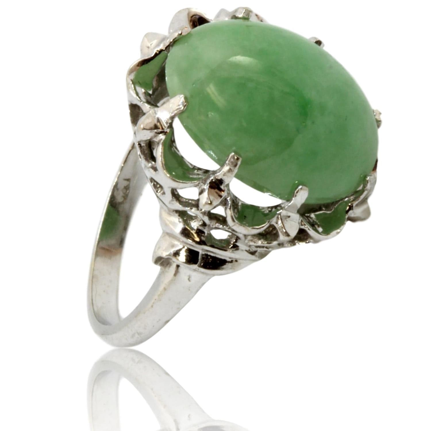6.20 ct Green Jadeite Jade 14K Gold Scalloped Open Design Ring - Size 5.5 - Image 1