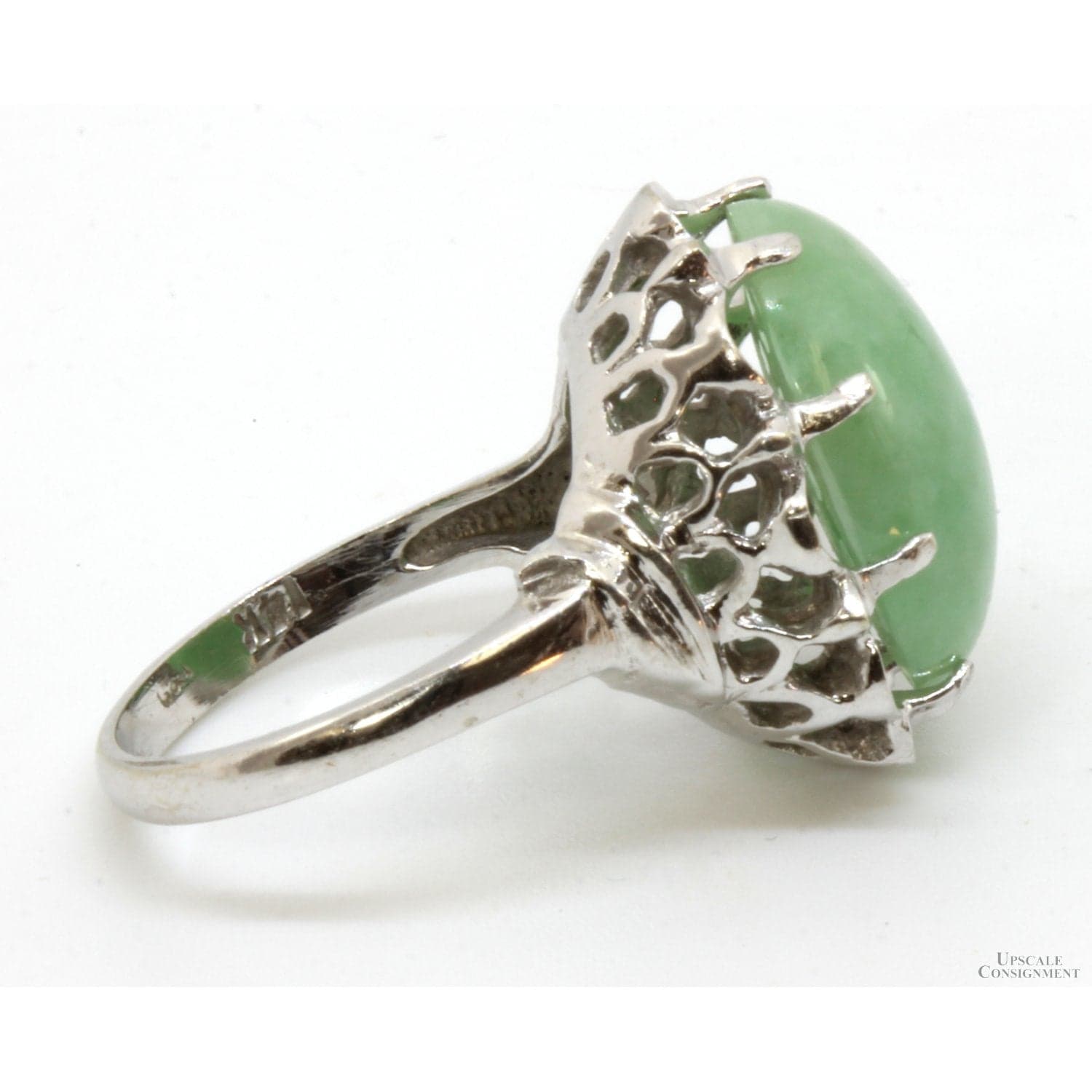 6.20 ct Green Jadeite Jade 14K Gold Scalloped Open Design Ring - Size 5.5 - Thumbnail 3