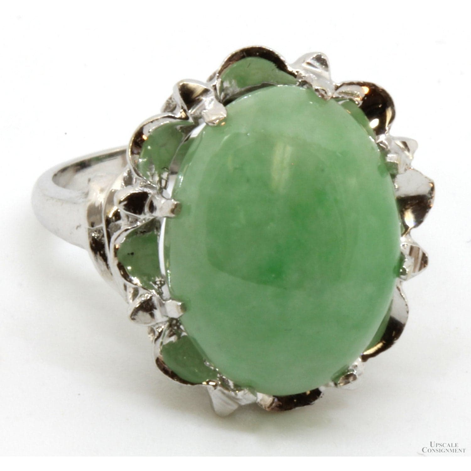 6.20 ct Green Jadeite Jade 14K Gold Scalloped Open Design Ring - Size 5.5 - Thumbnail 2
