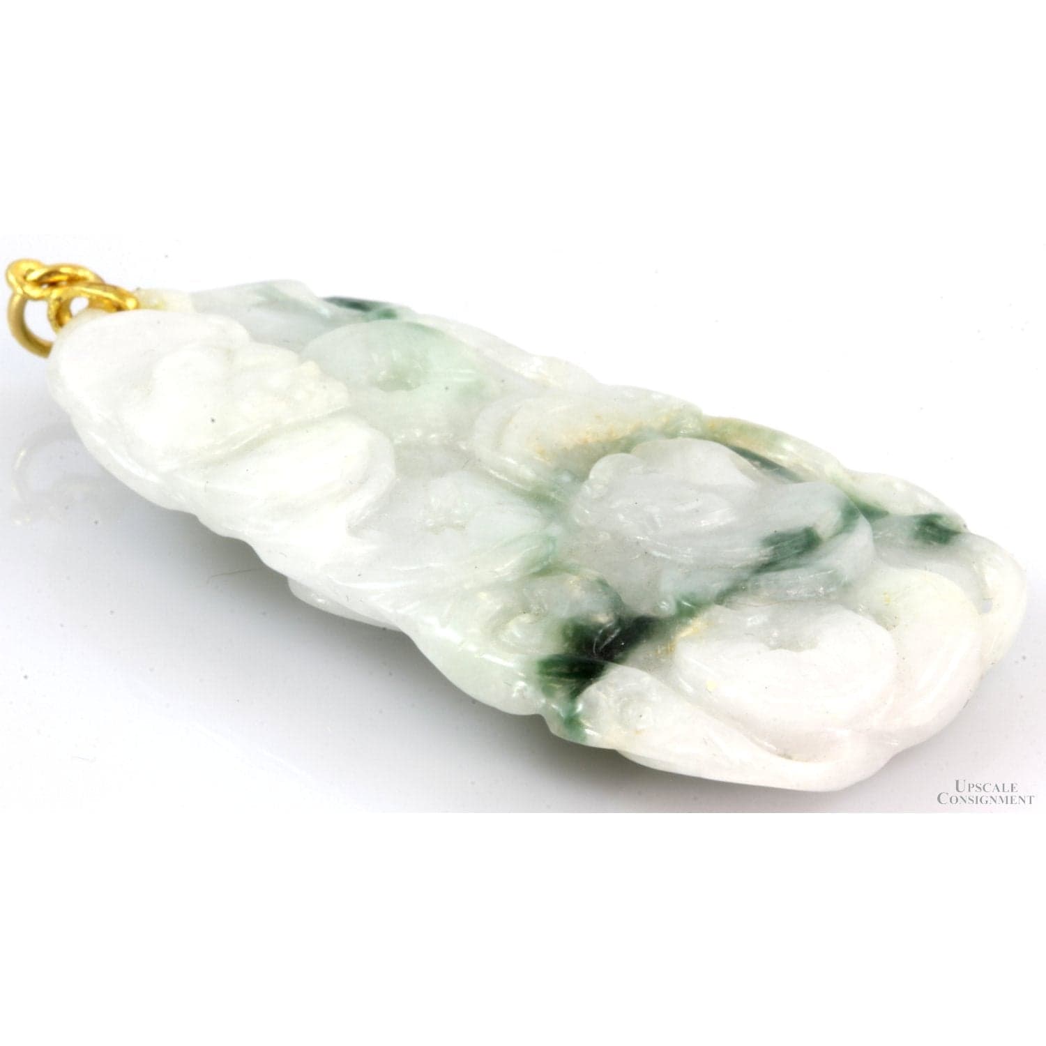 Carved Moss in Snow Jadeite Jade 14K Gold Pendant - Thumbnail 2