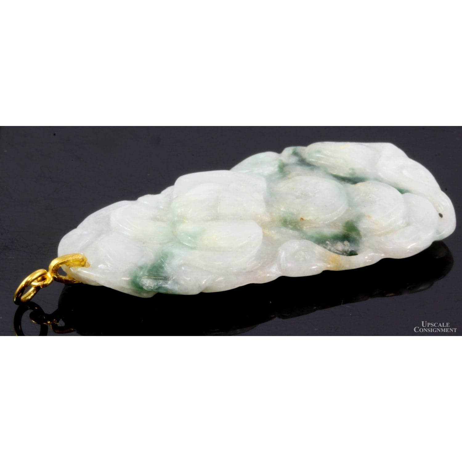 Carved Moss in Snow Jadeite Jade 14K Gold Pendant - Thumbnail 3