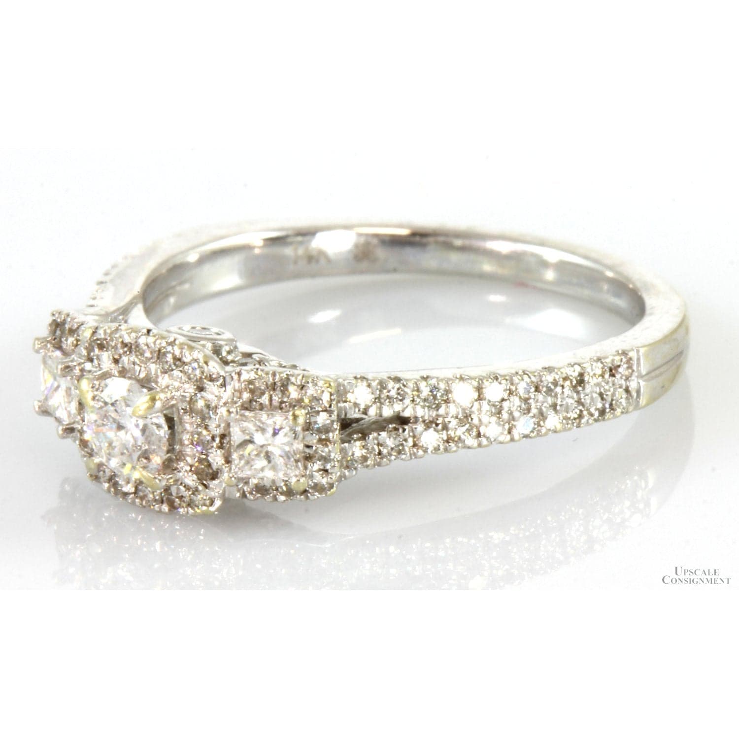 14K White Gold .75ctw Three-Stone Diamond Halo Engagement Ring - Size 6.75 - Thumbnail 3