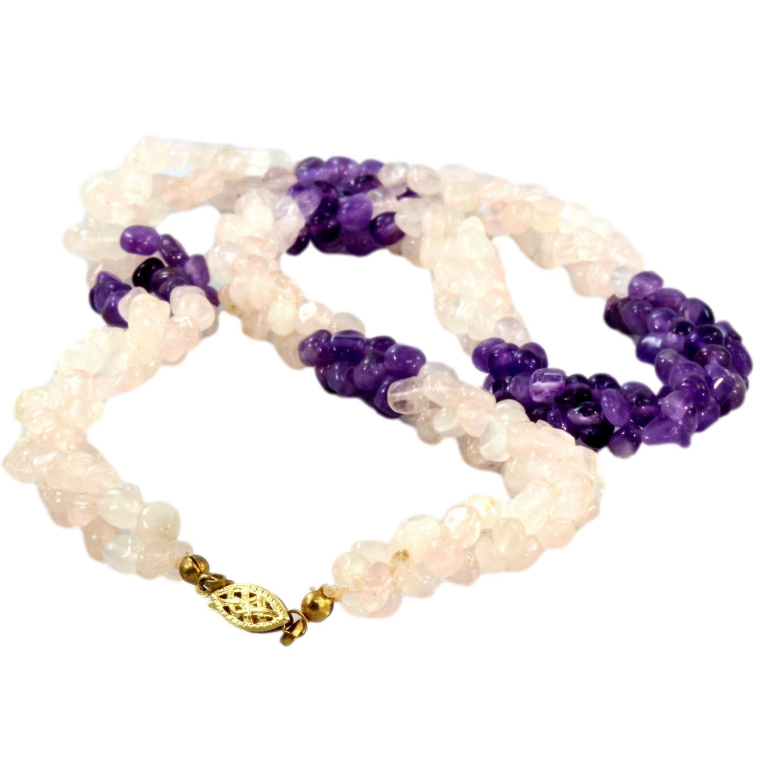 Rose Quartz & Amethyst Three-Strand Torsade Necklace - 18 in - Thumbnail 2